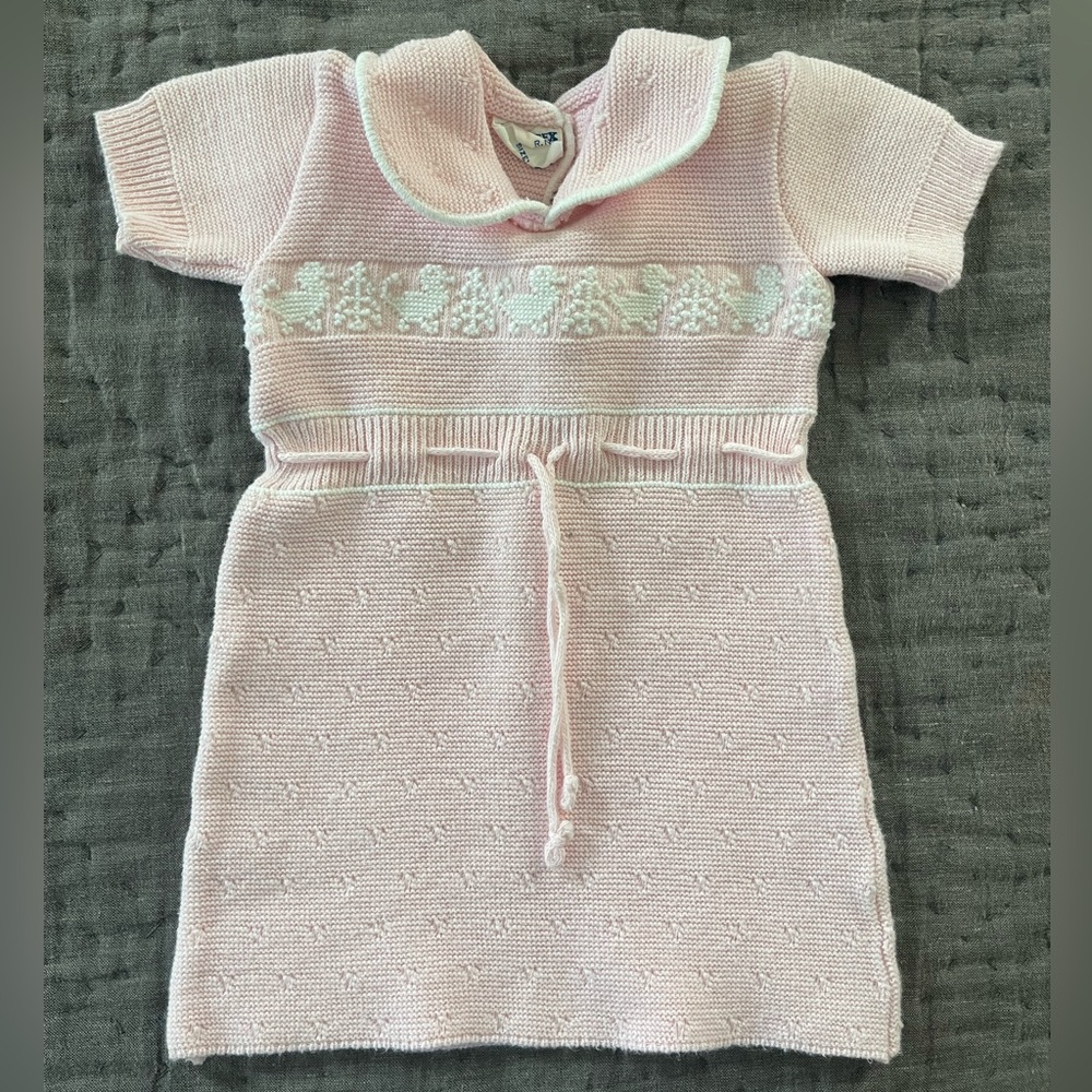 Vintage Quiltex Israel 100% Cotton Knit Dress Pink White Ducks Baby Girl 6-12m L